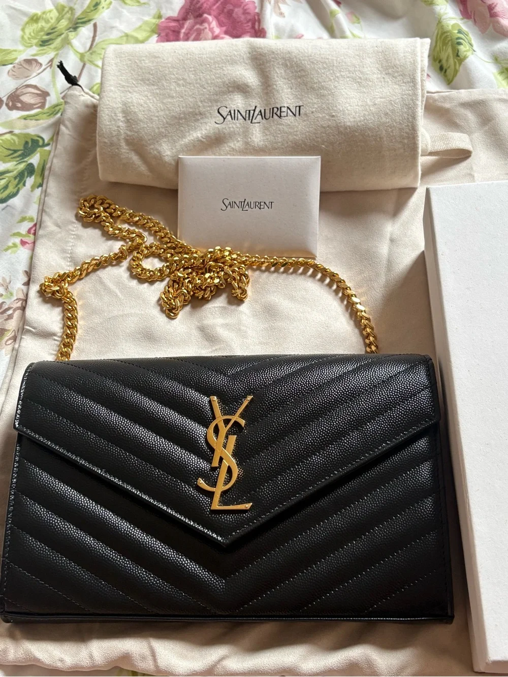 Saint Laurent Black Quilted Leather Crossbody with Gold YSL Chain